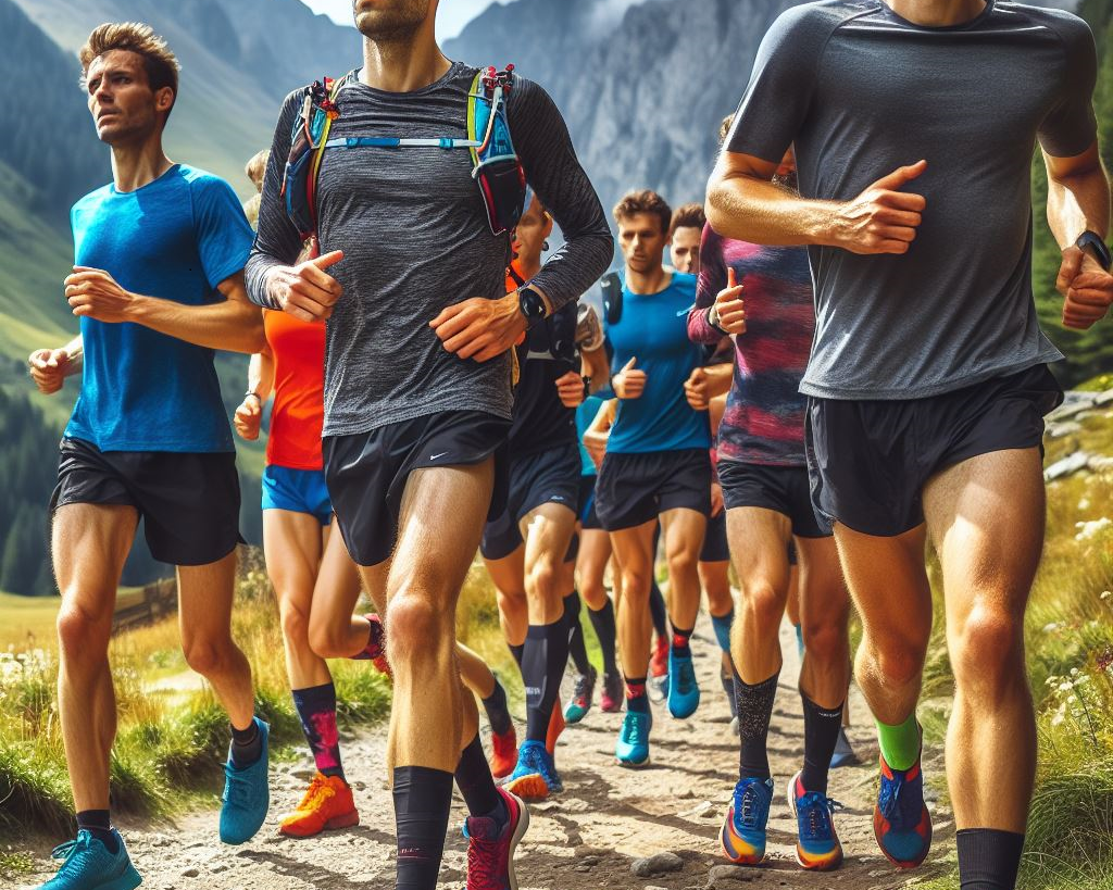 A large group of runners on a mountain trail.