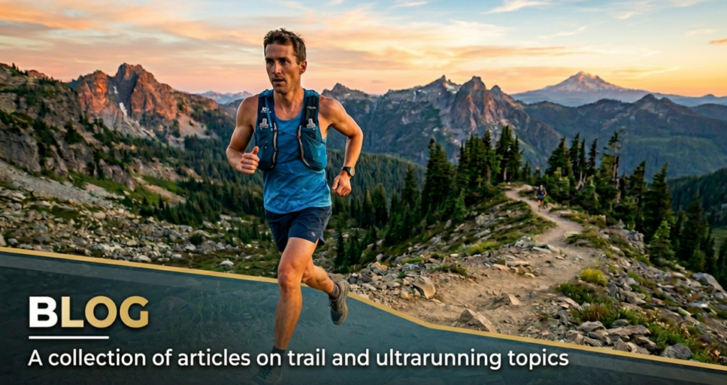 A trail runner runs along a rocky mountain ridge path at sunset, with a prominent "BLOG" title and descriptive text overlay.
