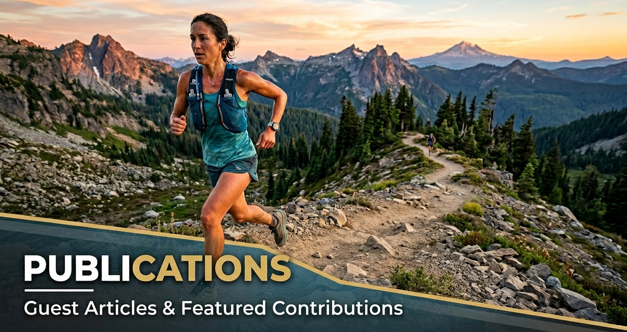 A female ultrarunner on a rocky mountain ridge at sunset, with a lower-third overlay reading "PUBLICATIONS: Guest Articles & Featured Contributions."