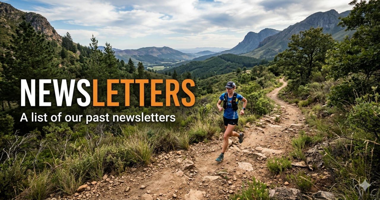 A trail runner on a rugged mountain path. Bold overlay text reads: "NEWSLETTERS: A list of our past newsletters."